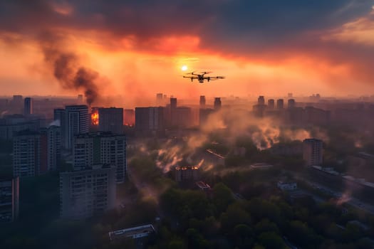 Copter drone over burning city at sunset or sunrise. Neural network generated image. Not based on any actual scene or pattern.