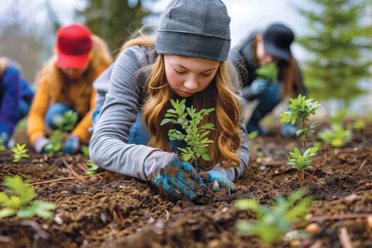 Volunteers Planting Young Trees in Garden. Generative AI.