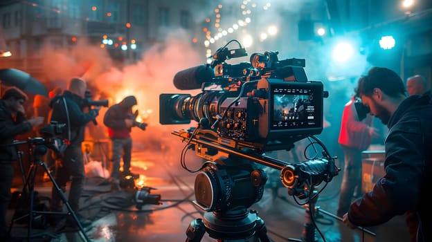 A crowd gathers around a camera on a tripod, capturing an event. Smoke and heat fill the air, creating an atmosphere of entertainment and art