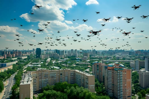 swarm of drones over city at summer morning. Neural network generated image. Not based on any actual scene or pattern.