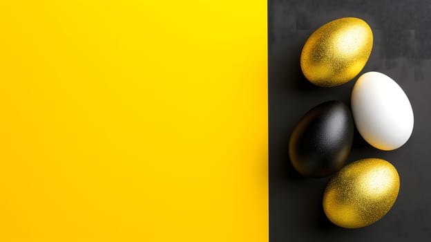 Golden, black, white Easter eggs on a yellow-black background. geometry. Minimal concept. View from above. Neural network generated image. Not based on any actual scene or pattern.