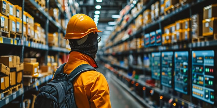 Worker in hard hat and red uniform in warehouse - back view.