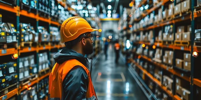 Worker in hard hat and red uniform in warehouse - back view.