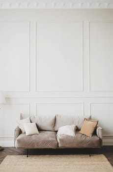 classic interior of a stylish apartment with a sofa. Minimalism in the details of the room