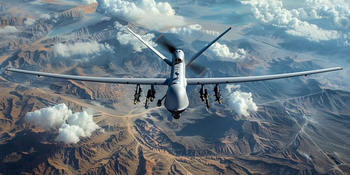 A 3d rendering of a military UAV flying over a desert.