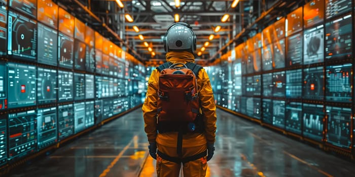 Worker in hard hat and red uniform in warehouse - back view.