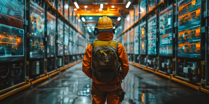 Worker in hard hat and red uniform in warehouse - back view.