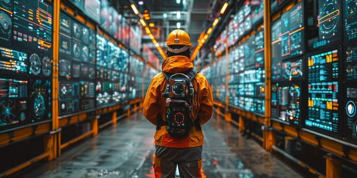 Worker in hard hat and red uniform in warehouse - back view.