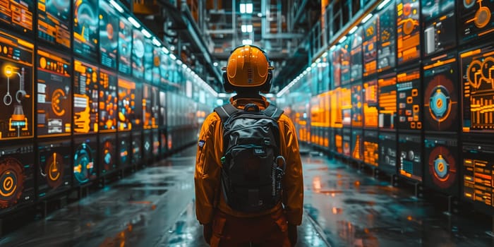 Worker in hard hat and red uniform in warehouse - back view.