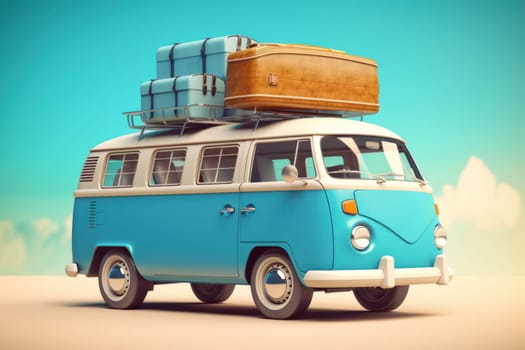 Blue car van. Old travel adventure. Generate Ai
