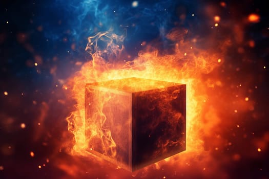 Fire cube background. Red flame light. Generate Ai