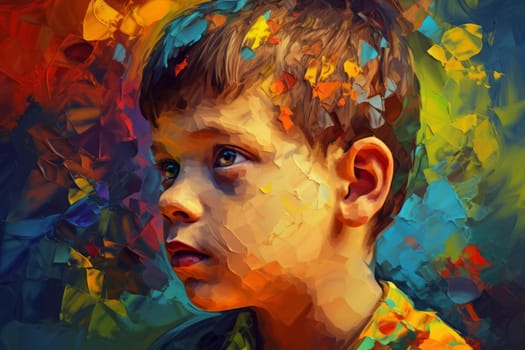 Boy portrait colorful paint. Face brush eyes. Fictional person. Generate Ai