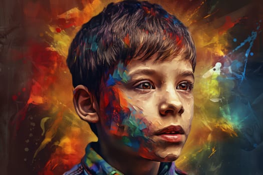 Boy portrait colorful paint face. Artwork picture. Fictional person. Generate Ai