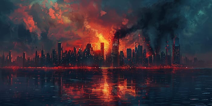3d illustration of nuclear warhead fell on the city smoke and fire mushroom hat.