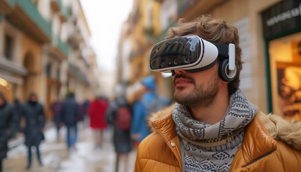 A man in VR glasses on a city street. High quality photo