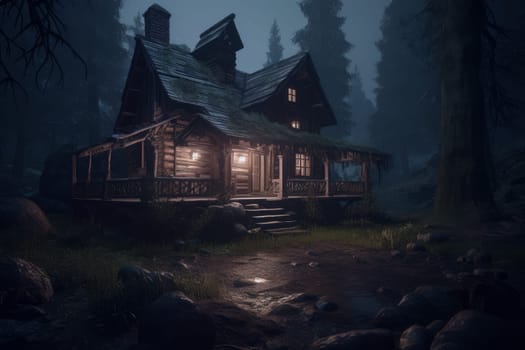 Cabin forest night. Window natural house. Generate Ai