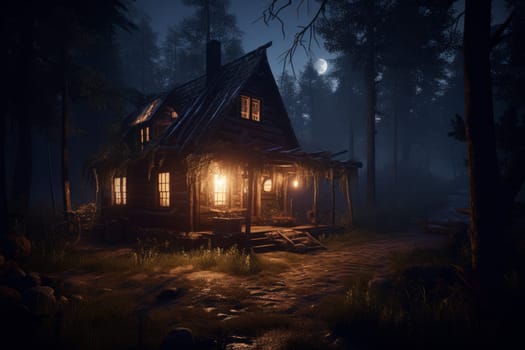 Cabin forest night lights. Home dark interior. Generate Ai