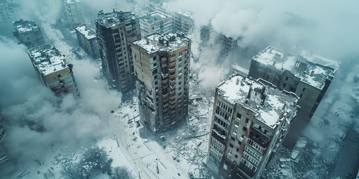 Obliterated European City Exploding Buildings On Fire Lost Control Over Military Target European War World Threat Damaged Buildings 3d Illustration. High quality photo