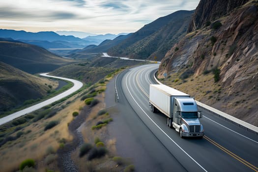 American long-nose semitruck on a highway. Neural network generated image. Not based on any actual scene or pattern.