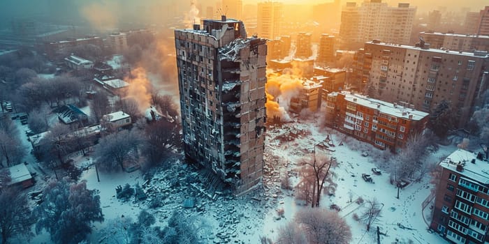 Obliterated European City Exploding Buildings On Fire Lost Control Over Military Target European War World Threat Damaged Buildings 3d Illustration. High quality photo