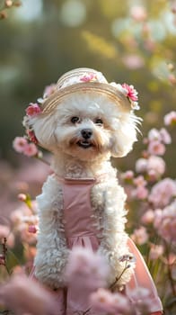 A small Toy Poodle, a carnivorous dog breed, wearing a pink dress and hat, is standing in a field of pink flowers. This water dog is a companion animal known for its cute appearance