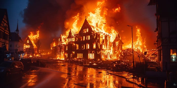Fighting a flaming building (some noise). High quality photo