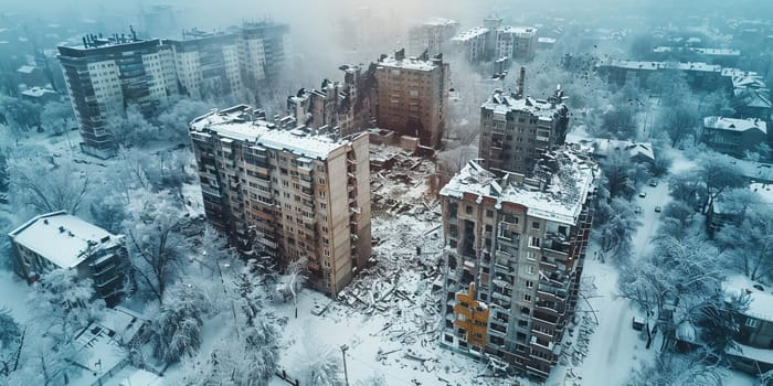 Obliterated European City Exploding Buildings On Fire Lost Control Over Military Target European War World Threat Damaged Buildings 3d Illustration. High quality photo