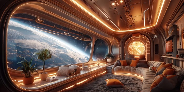 Spaceship grunge interior with view on planet Earth 3D rendering elements of this image furnished by NASA. High quality photo