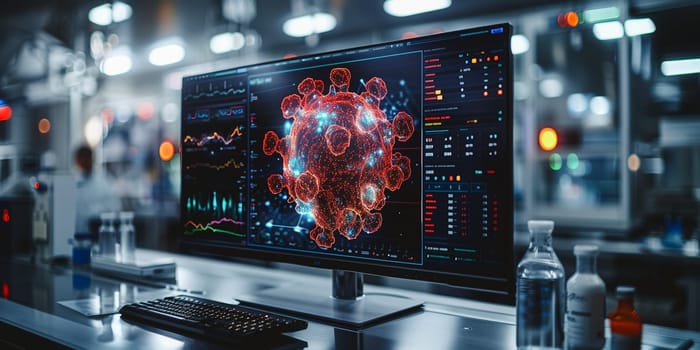 Science and medical. Modern computer is analyzing data DNA gene transfer and gene therapy disease treatment and prevention in scientific chemical laboratory.