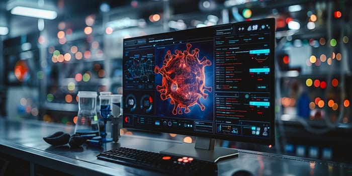 Science and medical. Modern computer is analyzing data DNA gene transfer and gene therapy disease treatment and prevention in scientific chemical laboratory.