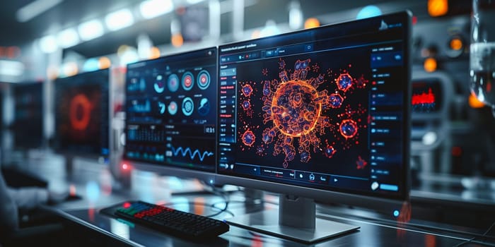 Science and medical. Modern computer is analyzing data DNA gene transfer and gene therapy disease treatment and prevention in scientific chemical laboratory.