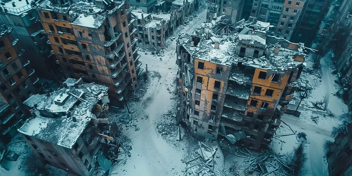 Obliterated European City Exploding Buildings On Fire Lost Control Over Military Target European War World Threat Damaged Buildings 3d Illustration. High quality photo