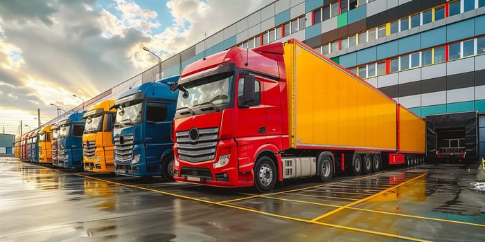 Big distribution warehouse with gates for loads and trucks.