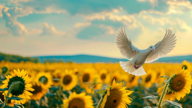 A white dove over a sunflower field in Ukraine. Selective focus. Nature.