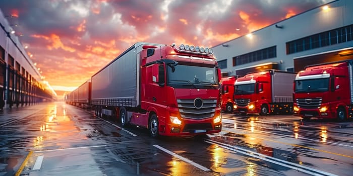 Big distribution warehouse with gates for loads and trucks.