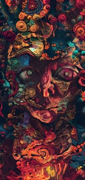 Saturated colorful mad abstract background, random different shapes and objects, hallucinations of ancient shaman after mushroom overdose. Neural network generated image. Not based on any actual scene or pattern.