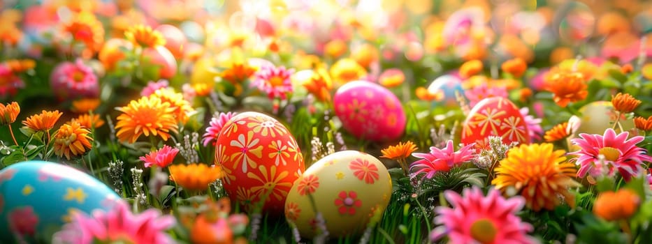 Easter eggs and flowers in the garden. Selective focus. Holiday.