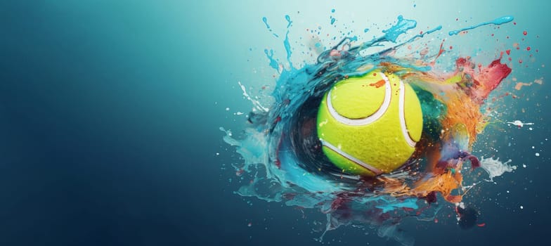 Tennis ball splashes banner. Sport motion. Generate Ai