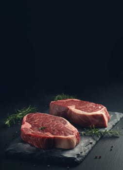 Two raw steaks banner. Filet organic. Generate Ai