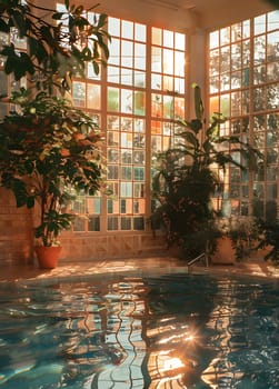 A swimming pool inside a greenhouse filled with plants, allowing nature to blend with the propertys interior design, all while sunlight illuminates the lush vegetation