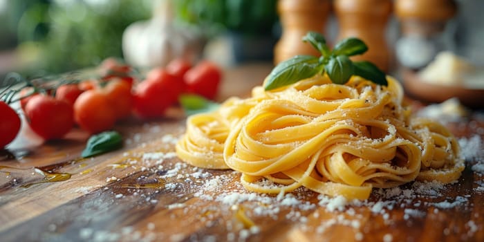 Classic Pasta on kitchen background. Diet and food concept