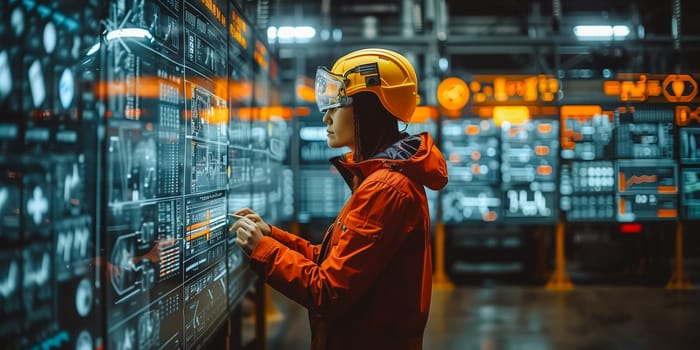 Female Engineer use augmented mixed virtual reality integrate artificial intelligence combine deep, machine learning, digital twin, 5G, industry 4.0 technology to improve management efficiency quality