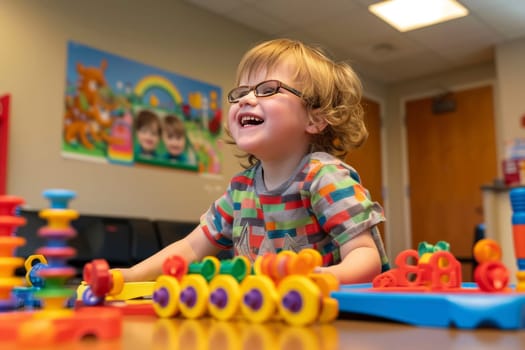 A cheerful young child with glasses is engaged in learning with colorful educational toys. Their laughter fills the room with warmth.