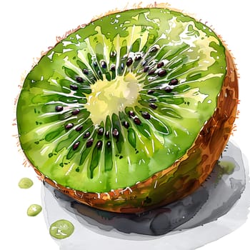 A watercolor painting of a kiwi, a delicious fruit and staple food, cut in half. Kiwi is a natural ingredient commonly used in recipes and cuisine