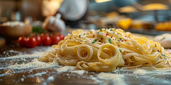 Classic Pasta on kitchen background. Diet and food concept