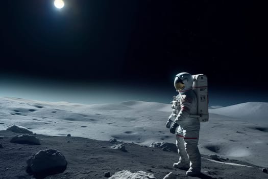 Astronaut standing on moon's surface, lunar terrain backdrop.