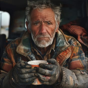 A male worker in dirty clothes holding a mug filled with coffee in his hands.