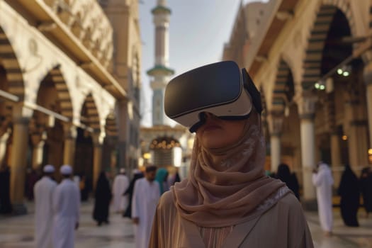 A person is fully immersed in a virtual world, wearing a VR headset amidst a bustling traditional street scene. The contrast of modern technology and historical architecture creates a unique visual narrative