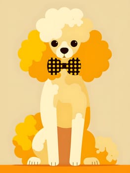 A fictional character poodle with an orange balloonshaped bow tie sits happily, making a gesture while working as a drawing illustration in an art font