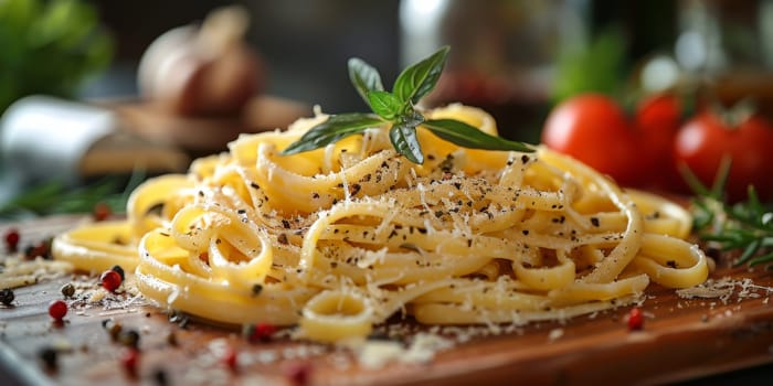 Classic Pasta on kitchen background. Diet and food concept